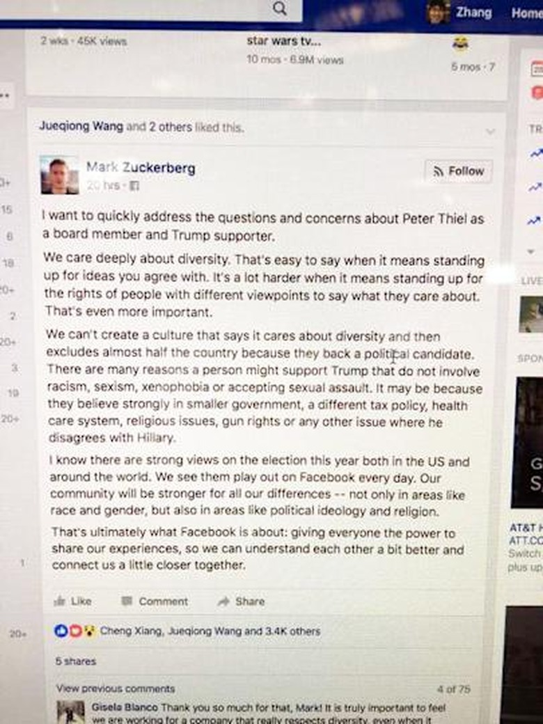 Mark Zuckerberg defends keeping Peter Thiel on Facebook's board