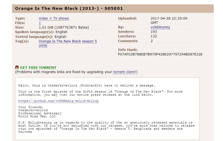 Torrent posted for stolen 'Orange is the New Black' premiere episode