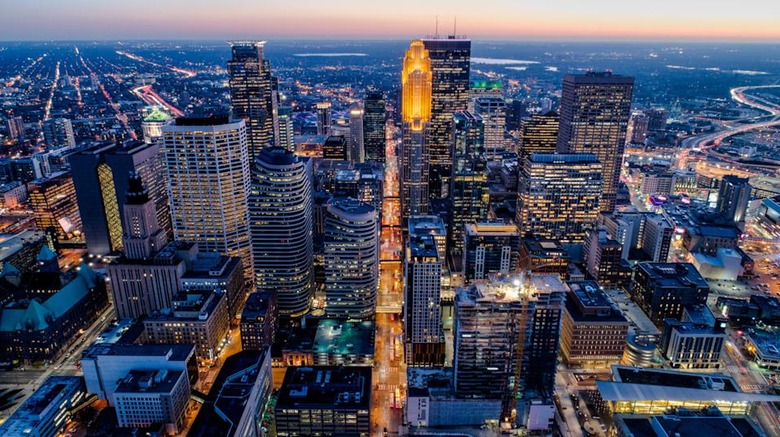 Aerial of Downtown Minneapolis at Sunset