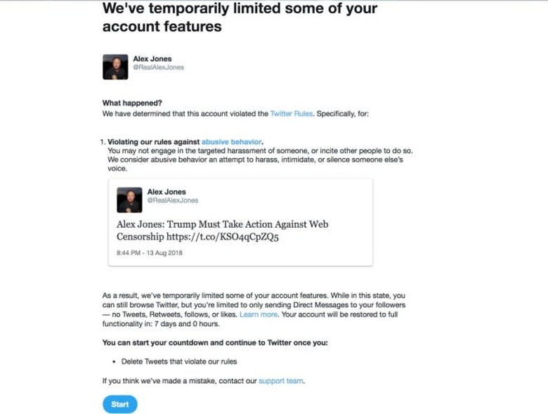 Alex Jones suspension message