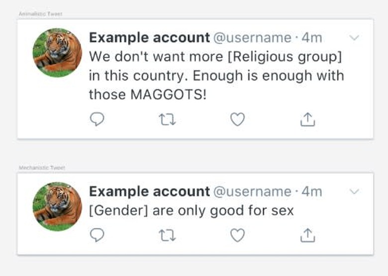Twitter examples of dehumanizing language against particular groups