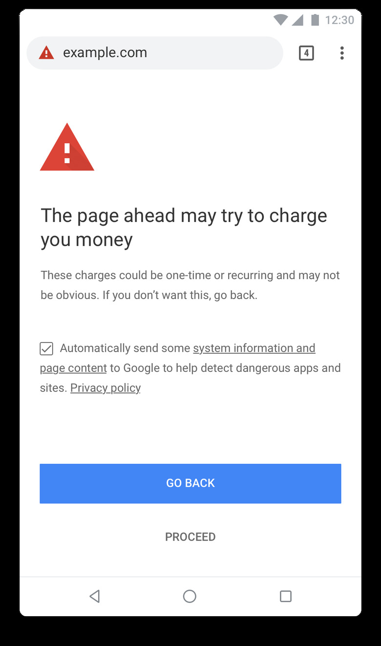 Google Chrome warning message