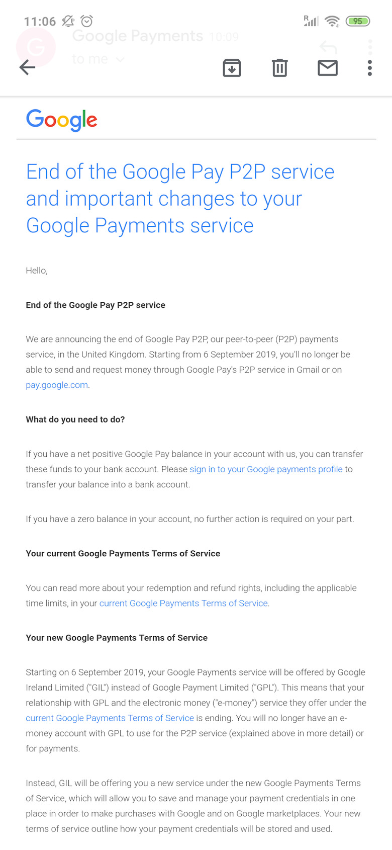 Google Pay Send discontinued email