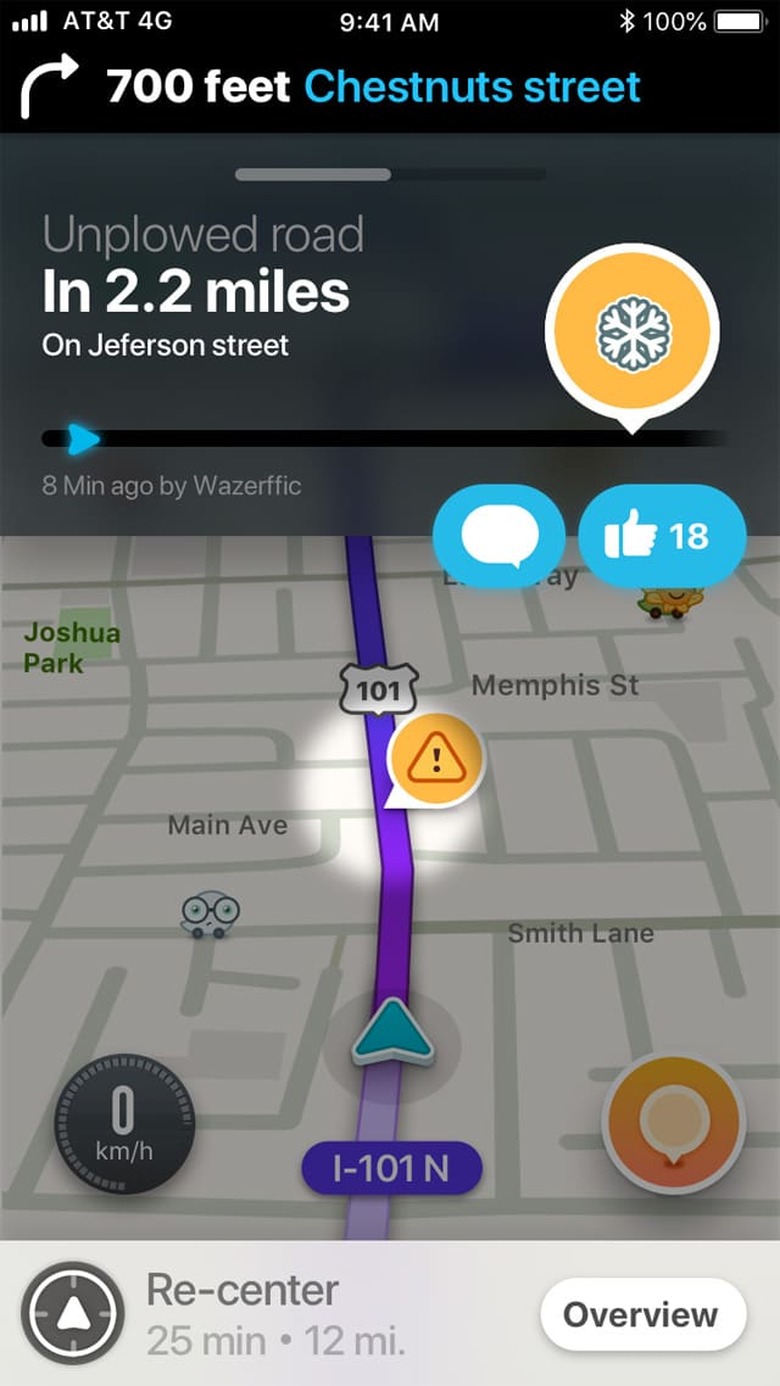 Unplowed road warning in Waze