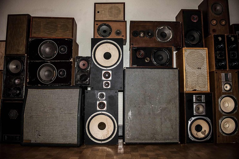 Wall of old speakers.