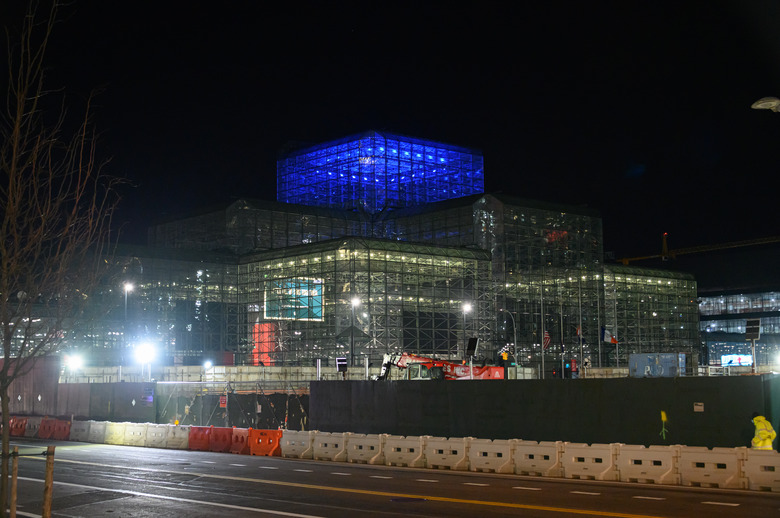 NEW YORK, NY - APRIL 09: The temporary hospital at Jacob K. Javits Convention Center is illuminated in blue lights during the coronavirus pandemic on April 09, 2020 in New York City. Landmarks and buildings across the nation are displaying blue lights to show support for health care workers and first responders on the front lines of the coronavirus (COVID-19) pandemic. (Photo by Noam Galai/Getty Images)
