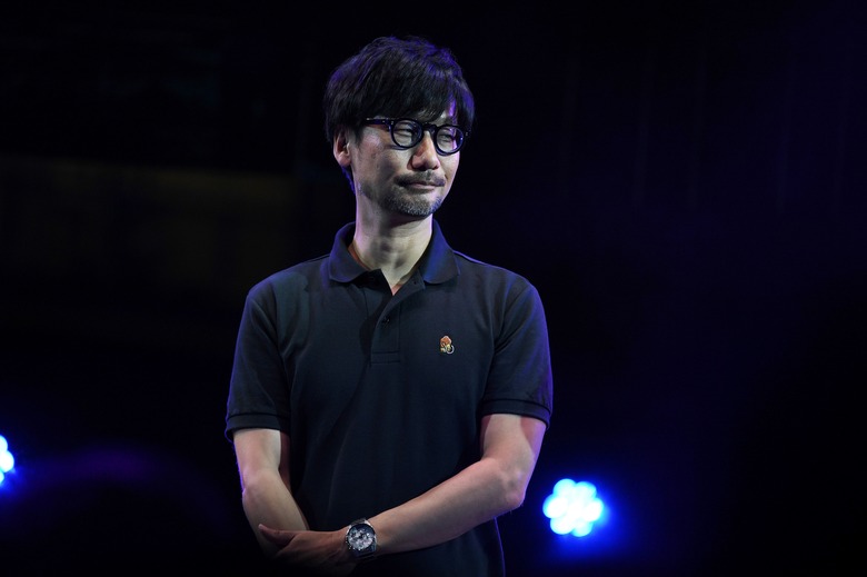 Japanese video game designer, writer, director and producer Hideo Kojima speaks on stage to present his new video game 