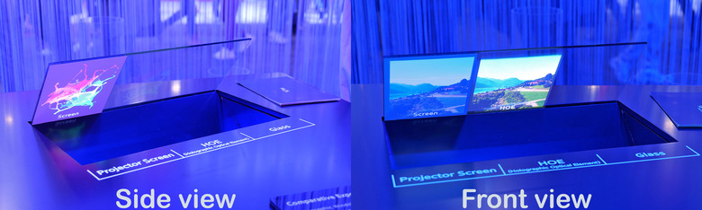 Because of the HWD's narrow viewing angles, Hyundai Mobis set up a separate demo to better show what it looks like. When installed in a car, the HWD's small sweet spot means the passenger's displays is not visible from the driver's side and vice versa, which is good for eliminating distractions.