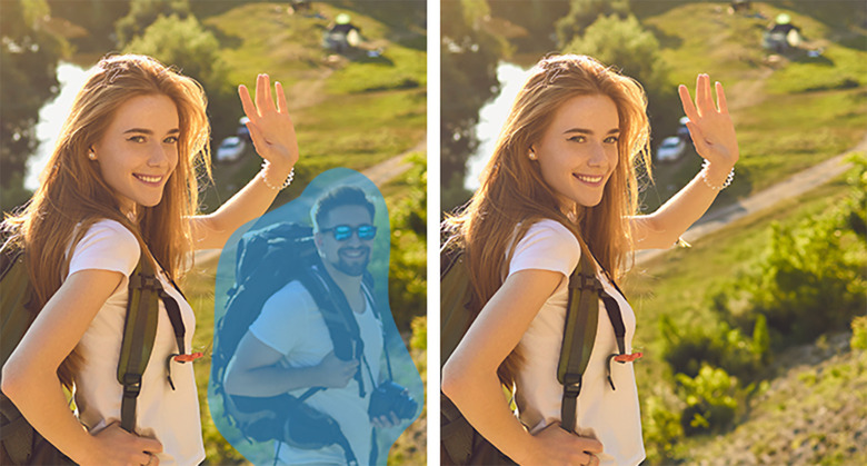 Side-by-side images showing a person waving in front of a landscape. A smiling person in a backpack is brushed over in the left pane and removed in the right one.