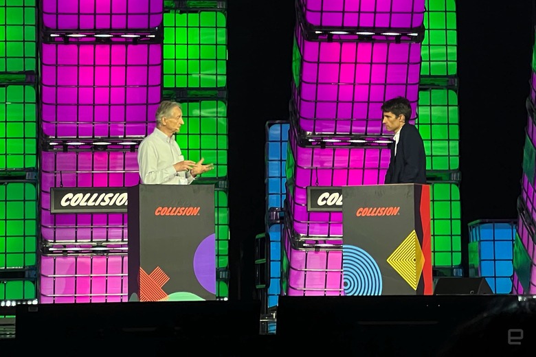 University of Toronto professor Geoffrey Hinton (left) speaking at Collision 2023.