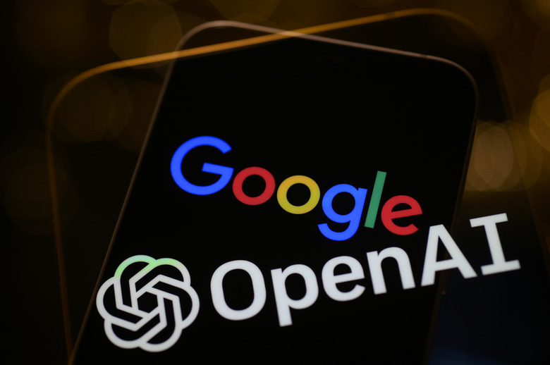 The OpenAI ChatGPT and Google logos are seen on mobile devices in this photo illustration in Warsaw, Poland on 09 February, 2023. Google on Monday announced the development of its own OpenAI ChatGPT competitor called Bard after Microsoft last week announced the indroduction of AI assisted search for its Bing search engine. (Photo by Jaap Arriens/NurPhoto via Getty Images)