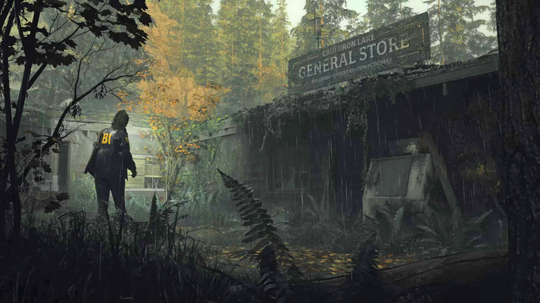 A character wearing an FBI-branded jacket is shown from behind in front of a gloomy, deserted general store. Tall trees surround the area.