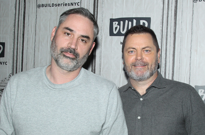 NEW YORK, NEW YORK - MARCH 11: Filmmaker Alex Garland (L) and actor Nick Offerman attend the Build Series to discuss