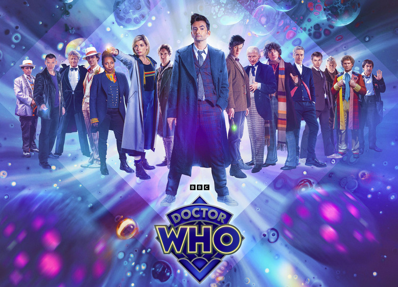 Promotional image for 'Doctor Who's 60th anniversary that, awfully and terribly, decided to put Sylvester McCoy on the furthest left rather than front and center, where he should be.