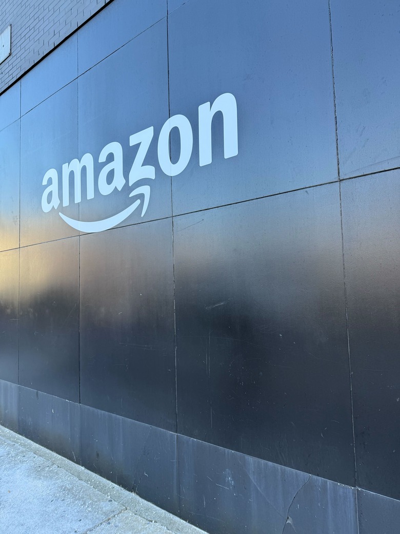 The Amazon logo is on display outside of the Manhattan venue hosting today's event.
