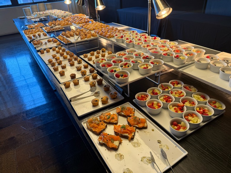The early bird gets the worm -- or, in this case, first crack at the impressive breakfast spread that Amazon has arranged for journalists covering its event.