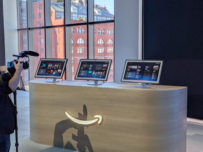 A lineup of Echo Shows on stage at the Amazon event.