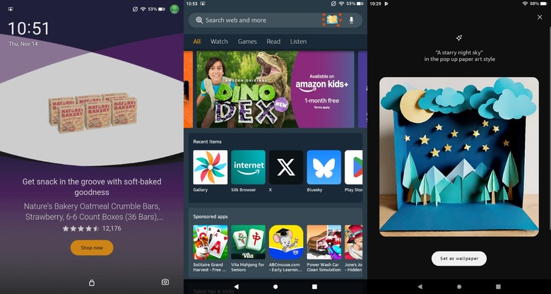Left to right: one of Fire OS' lockscreen ads, a snapshot of the less-than-useful 