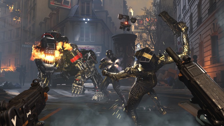 A screenshot of someone dual-wielding machine guns from Wolfenstein: Youngblood.