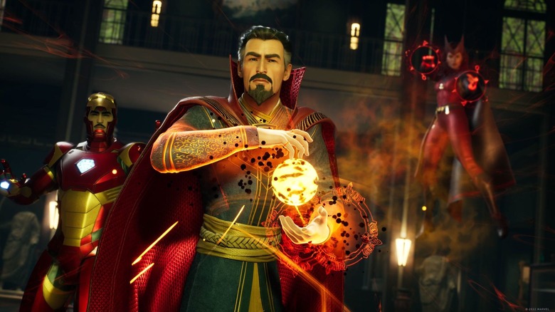 Iron Man, Doctor Strange and Scarlet Witch in Marvel's Midnight Suns.