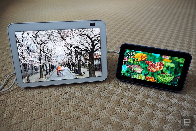 Amazon Echo Show 5 and 8 side by side against a carpet background. 