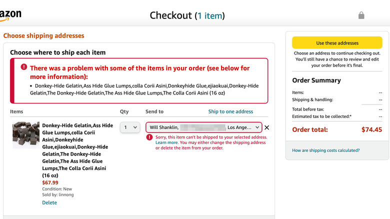 The error message Amazon provided when trying to order ejiao for a California address
