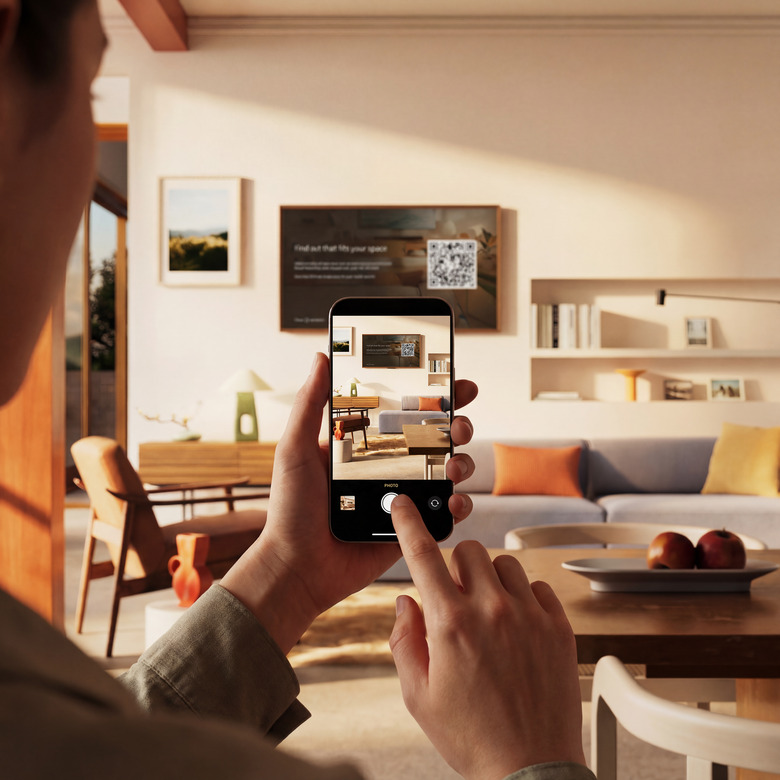A person holding up a phone taking photos of a room with an Ember Artline TV on the wall.