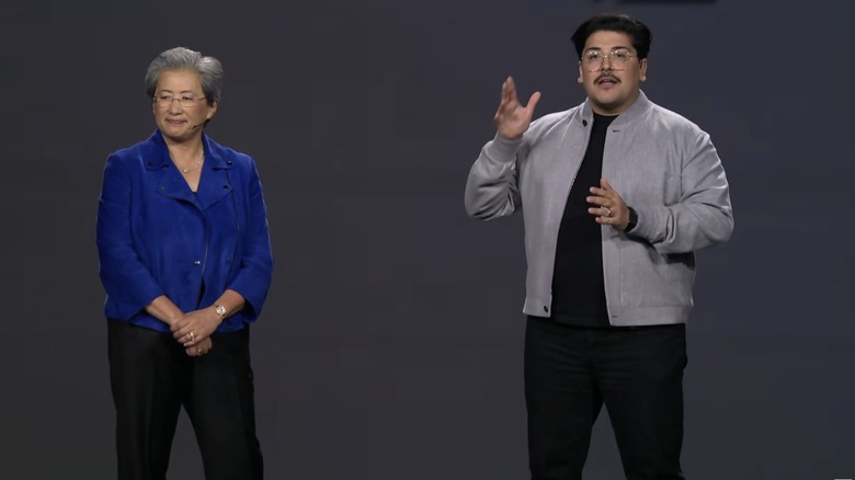 Ramin Hasani, co-founder of MIT spinoff Liquid AI, talks up his company at AMD's press conference.