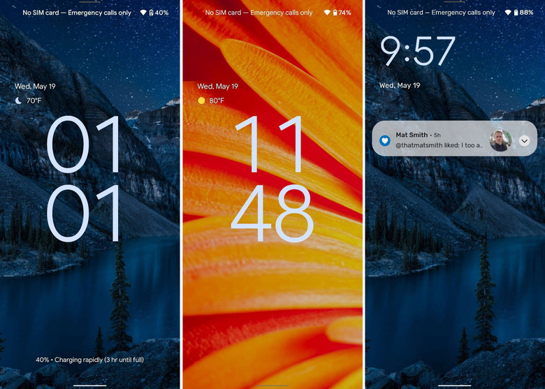 Android 12 beta lock screens. A composite of three screenshots showing the new Android 12 lock screen with a mostly blue wallpaper on the left, a mostly orange wallpaper in the middle and one with notifications on the blue background on the right. The clock takes up the middle of the screen on the first two screenshots, while it sits on the top left of the rightmost screenshot.