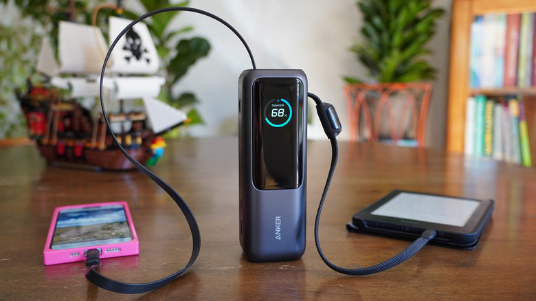 Two built-in cables and a big capacity let you charge two devices at once.