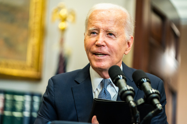 WASHINGTON, DC  June 30, 2023:

US President Joe Biden responds to a question from a reporter in the Roosevelt Room of the White House on Friday, June 30, 2023. United States Secretary of Education Miguel Cardona was present for remarks.

(Photo by Demetrius Freeman/The Washington Post via Getty Images)