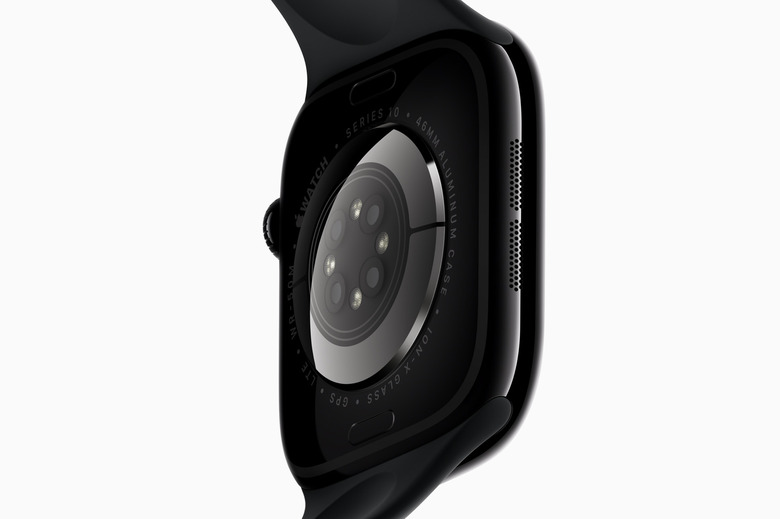 The underside of an Apple Watch and its sensors.