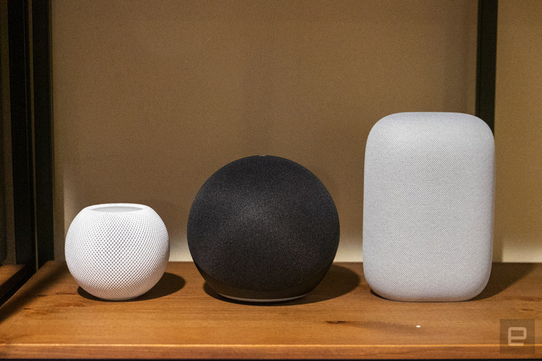 From left to right: Apple's HomePod mini, Amazon's 2020 Echo and the Google Nest Audio.