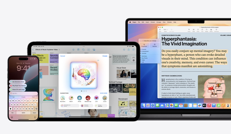 iPhone, iPad and MacBook showing Apple Intelligence integration