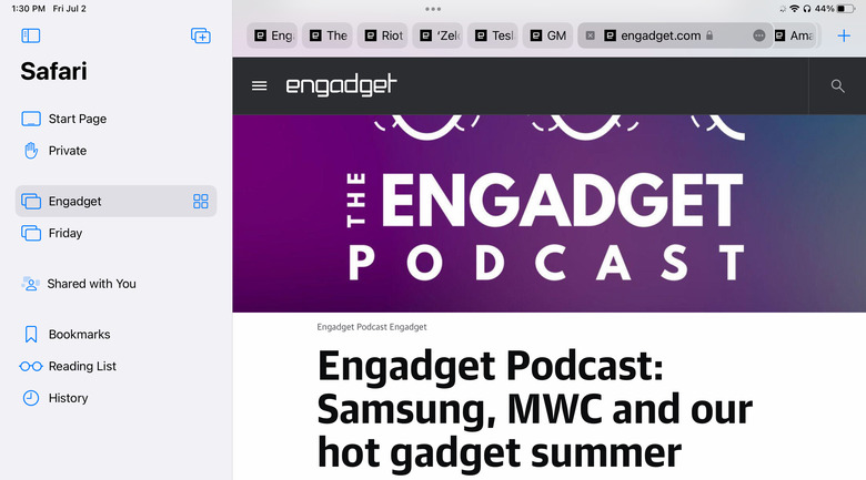 Safari's new sidebar holds your tab groups as well as usual items like bookmarks and your reading list.