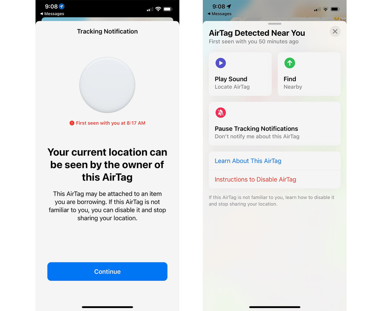 An example of what the unwanted tracking notification looks like and options to proceed.