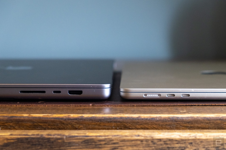 The 16-inch MacBook Pro (left) next to the 15-inch MacBook Air (right).