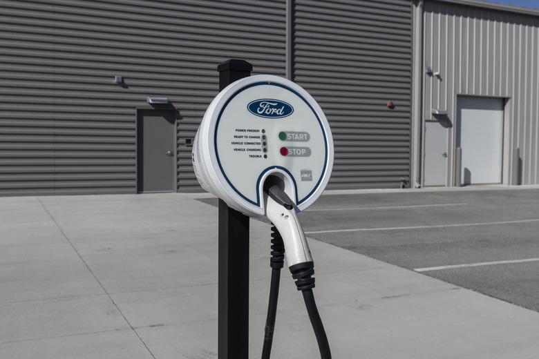 Kokomo - Circa August 2021: Ford Electric charging station for the Mustang Mach-E, Fusion Plug-In and the F-150 Lightning.