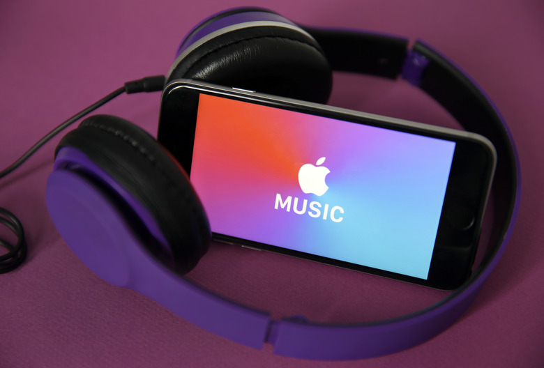 PARIS, FRANCE - APRIL 08: In this photo illustration, the logo of the music streaming platform Apple Music is displayed on the screen of an iPhone on April 08, 2019 in Paris, France. The number of paying subscribers to the music streaming service of Apple Music has for the first time exceeded that of Spotify customers in the US. The two platforms now have 28 and 26 million paying users, respectively, sources told the Wall Street Journal. (Photo by Chesnot/Getty Images)