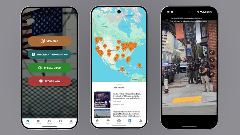 Three screenshots of the eyes Up app, showing off the Home Screen, the map screen, and a video of ICE officers.