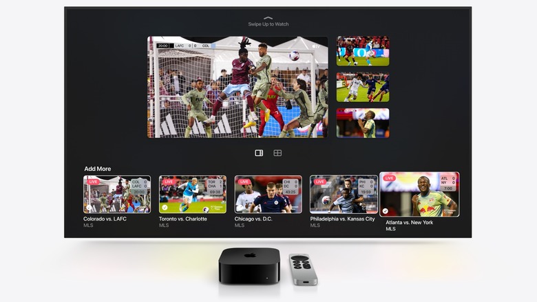 Apple marketing image showing an Apple TV screen with four Major League Soccer matches in multiview. Five additional stream options are at the bottom of the screenshot. Below that is an Apple TV device with Siri Remote.