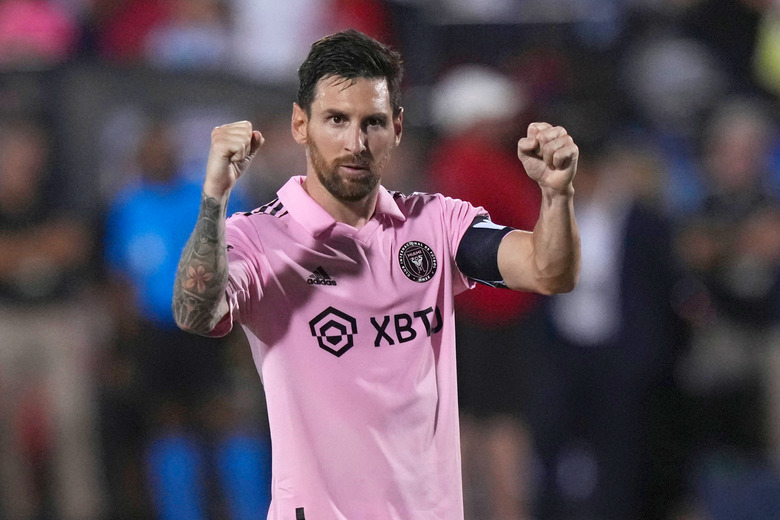 Inter Miami forward Lionel Messi celebrates a score during penalty kicks in the team's Leagues Cup soccer match against FC Dallas on Sunday, Aug. 6, 2023, in Frisco, Texas. 