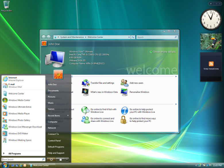 The Windows Vista start menu and desktop.