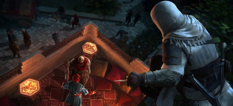 A hooded figure with a blade in their hand perches above two people illuminated by braziers having a conversation.