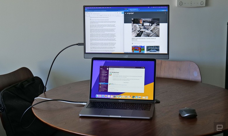 The Asus ROG Strix XG17AHP included stand means you can position it above your laptop's display, which does a ton to help prevent neck strain. NOTE: For the photos, I swapped my 13-inch MacBook Pro work laptop in for my wife's machine for privacy.