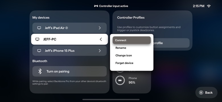 You can quickly connect the Backbone Pro to new devices from this menu in Backbone's app.