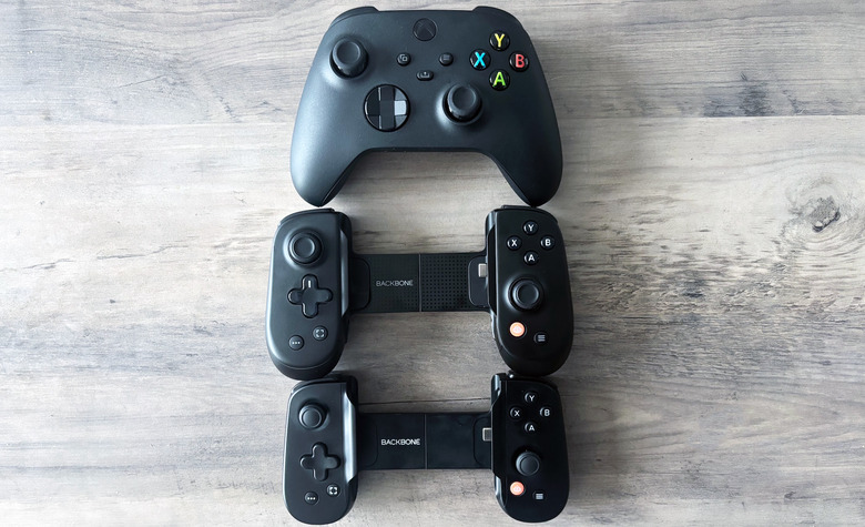 Top to bottom: an Xbox Series X/S controller, the Backbone Pro and the Backbone One.
