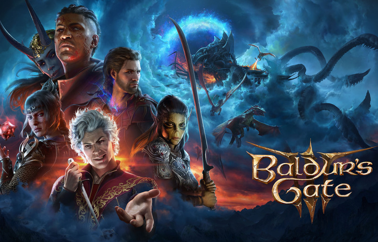 Key art for Baldur's Gate III showing a character in the forefront with a hand reached out, another holding a sword and four others in the background.