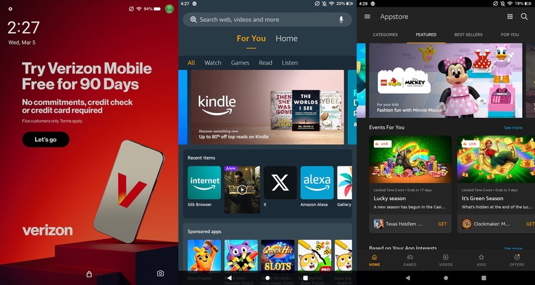 A few snapshots from Amazon's Fire OS. Left to right: a lock screen ad for Verizon, the 