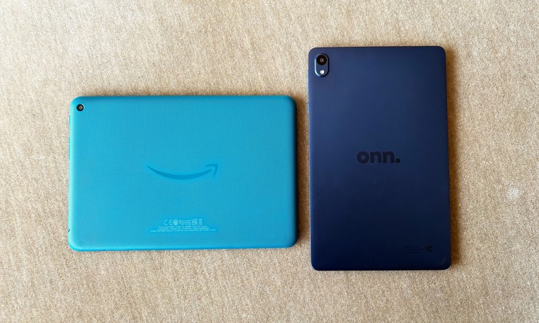 The teal blue Amazon Fire HD 8 and navy blue Walmart Onn 8